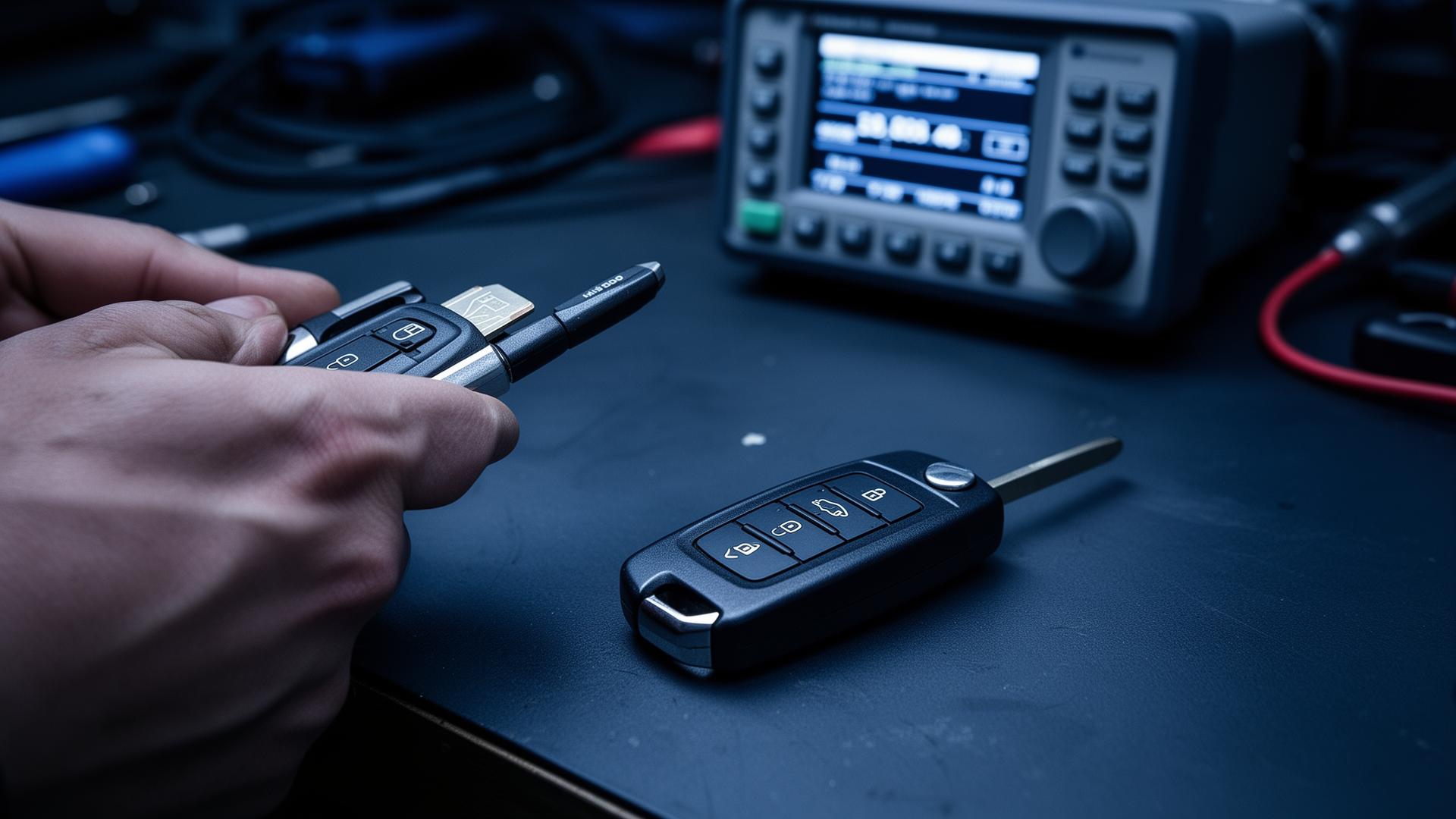 Cerrajero automotriz programando llave con chip en Quito